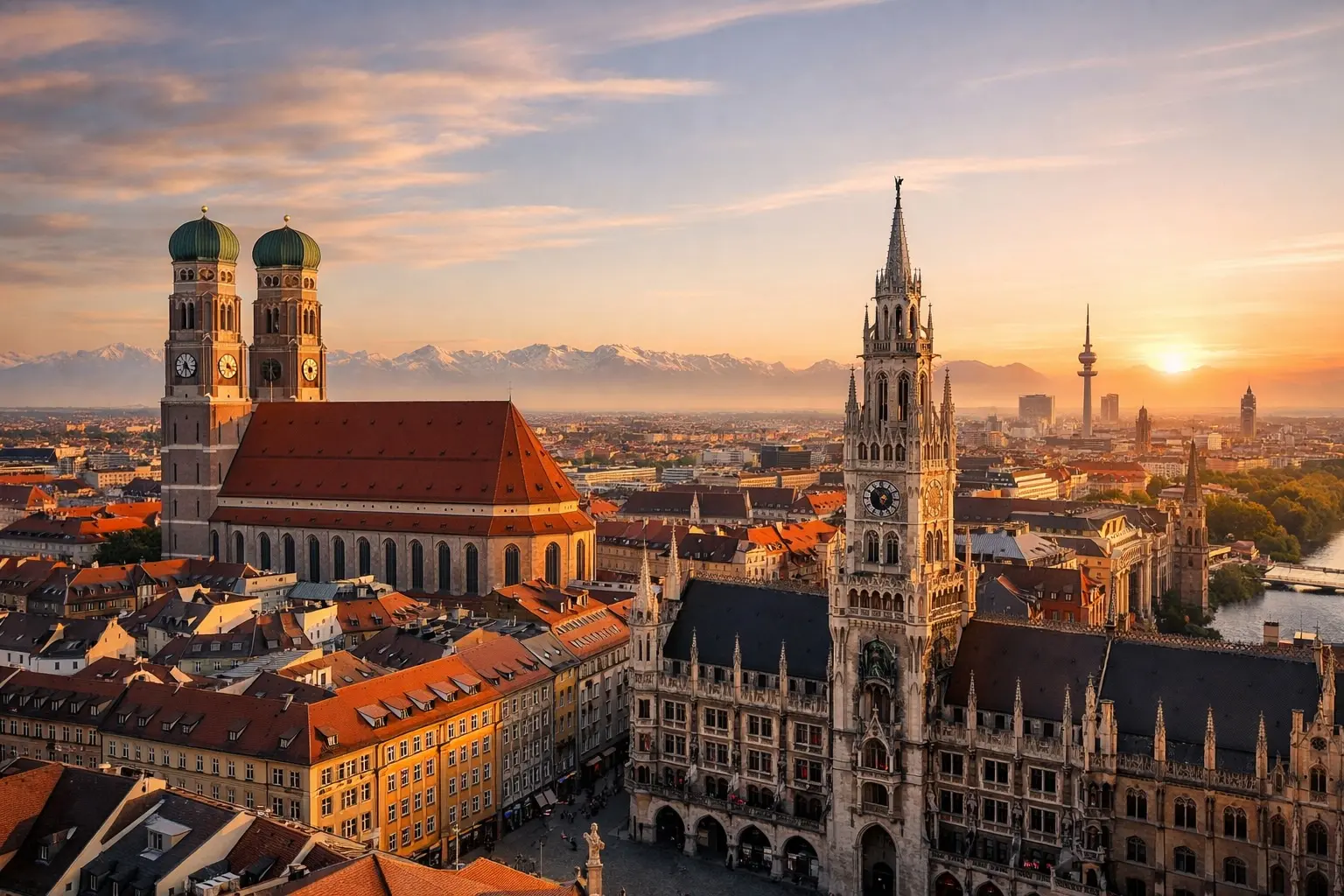 München mit Frauenkirche, Rathaus und Alpenpanorama